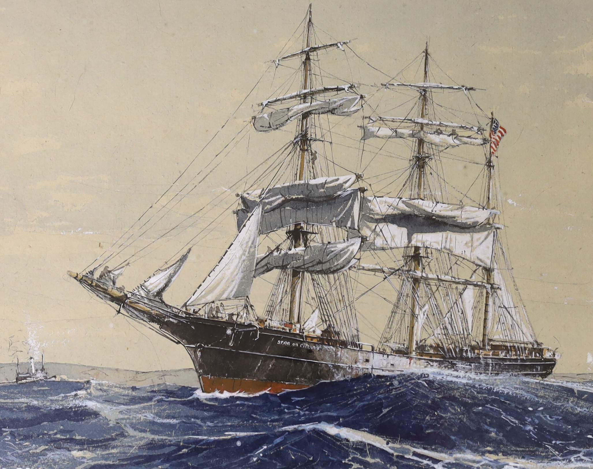 Ronald Dean (1929-2023), two heightened watercolours, Clipper ship and Dockland scene, each signed, largest 43 x 21cm